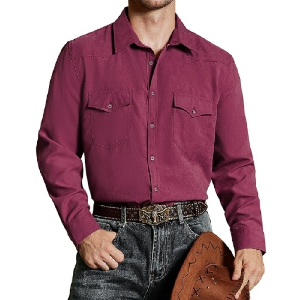 Cowboy Button Up Shirt Long Sleeve with Two Pockets Maroon